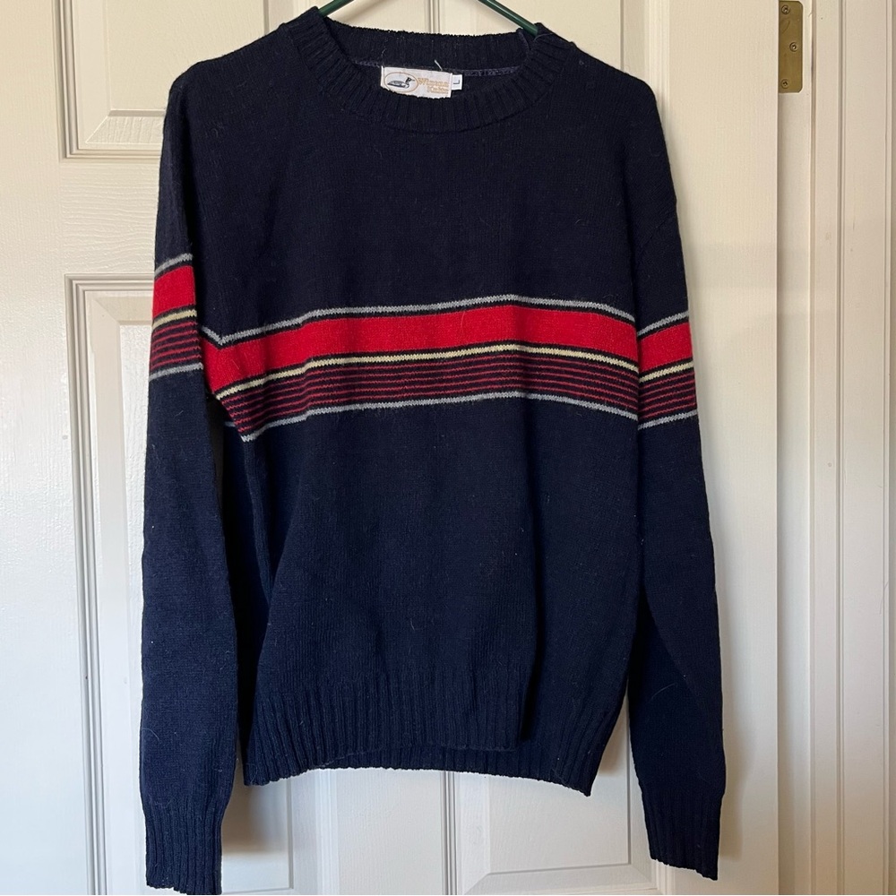 Vintage Winona Mills Men's L Wool Navy and Red Striped Crewneck Sweater